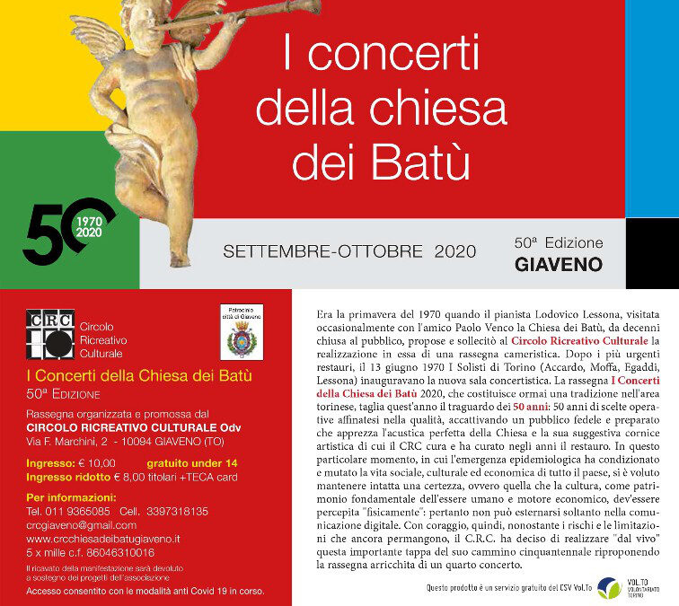 I concerti della chiesa dei Batù -SETTEMBRE-OTTOBRE 2020 – 50ª Edizione GIAVENO